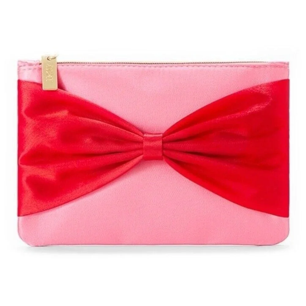 Pink Red Satin Bow Makeup Bag Pencil Case Purse Organizer NEW Zip Pouch Clutch